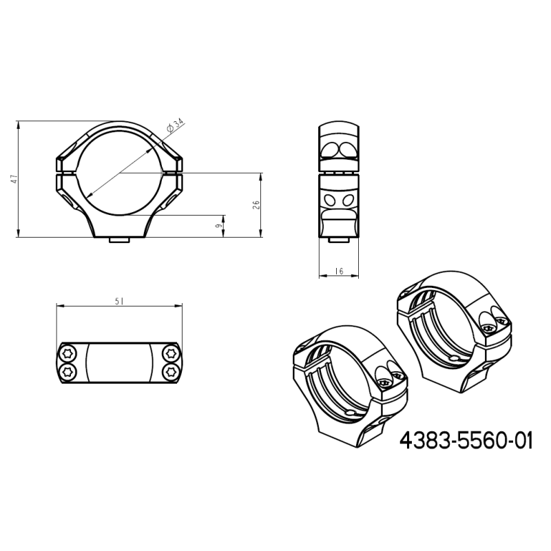 34 mm tēmekļu stiprinājumi | īsa Picatinny QD Ergo bāze 