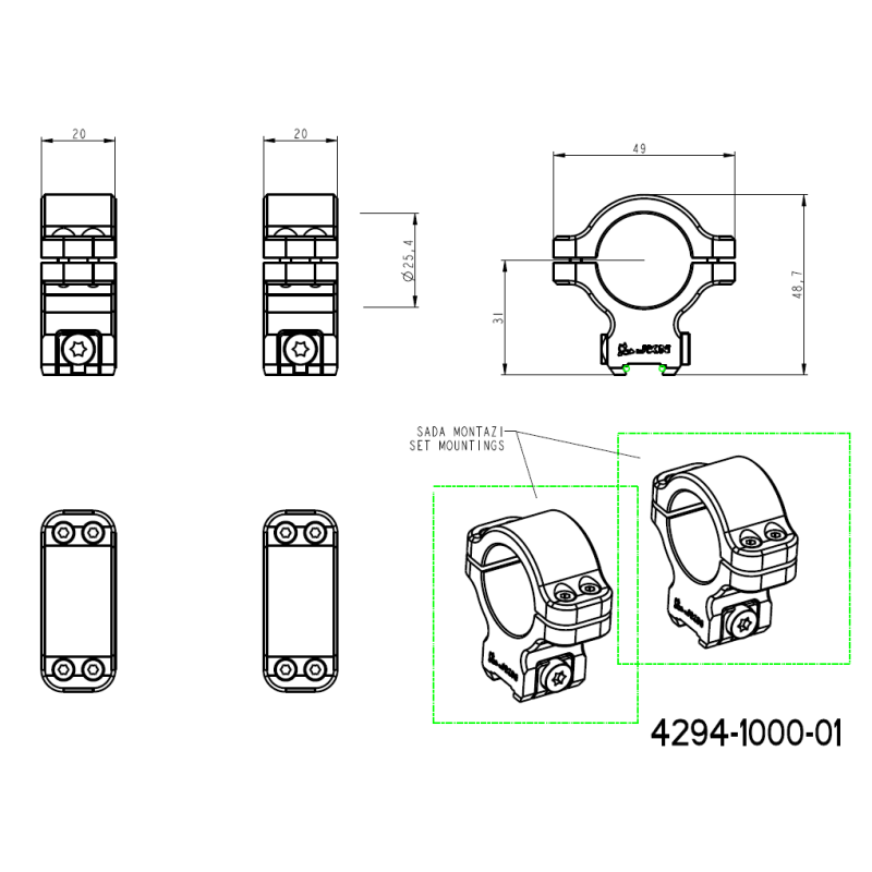 CZ 457 tēmekļu stiprinājumi baložu astei | 1 collas [25,4 mm] 