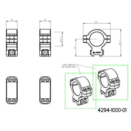 CZ 457 optikas stiprināšanas gredzeni for dovetail | 1 inch [25.4mm]