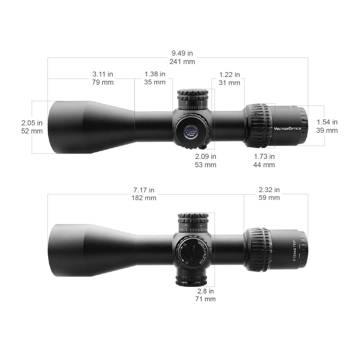 Vector Optics Veyron 3-12x44 FFP kompakts šautenes tēmeklis 