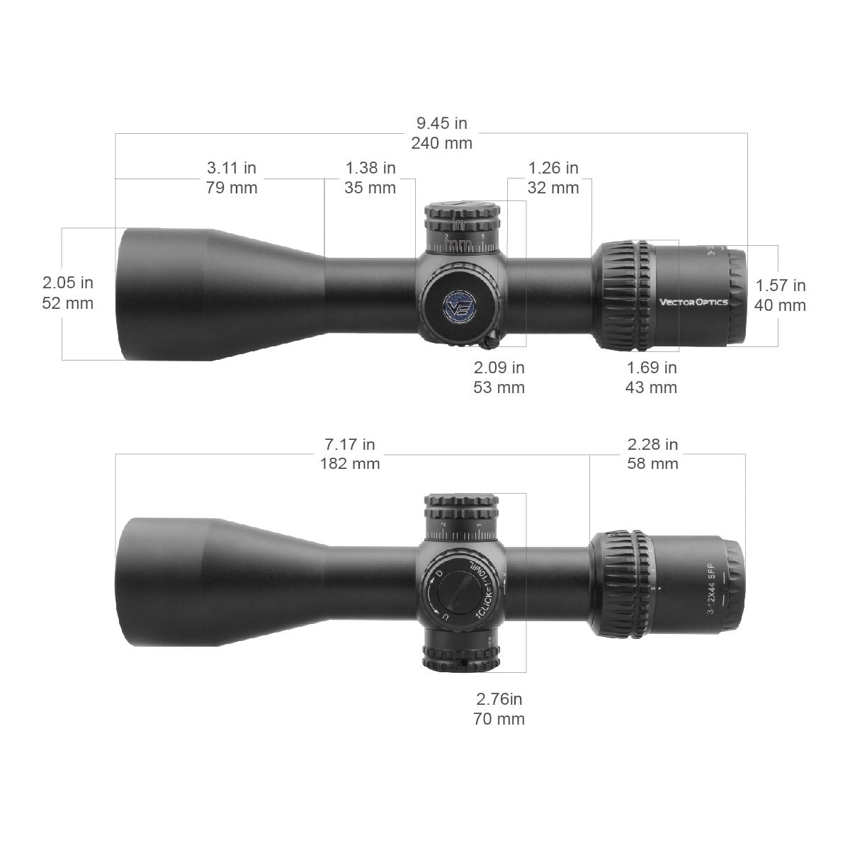 Vector Optics Veyron 3-12x44 SFP kompakts šautenes tēmeklis 