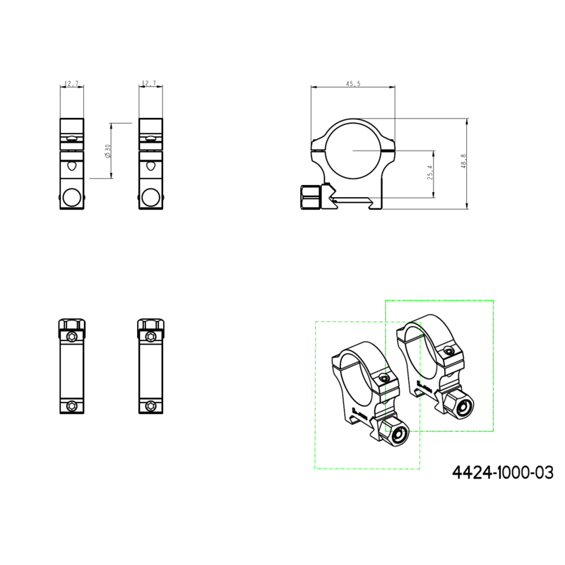 30 mm tēmekļu stiprinājumi | Pikatinija bāze ar skrūvju uzgriezni 